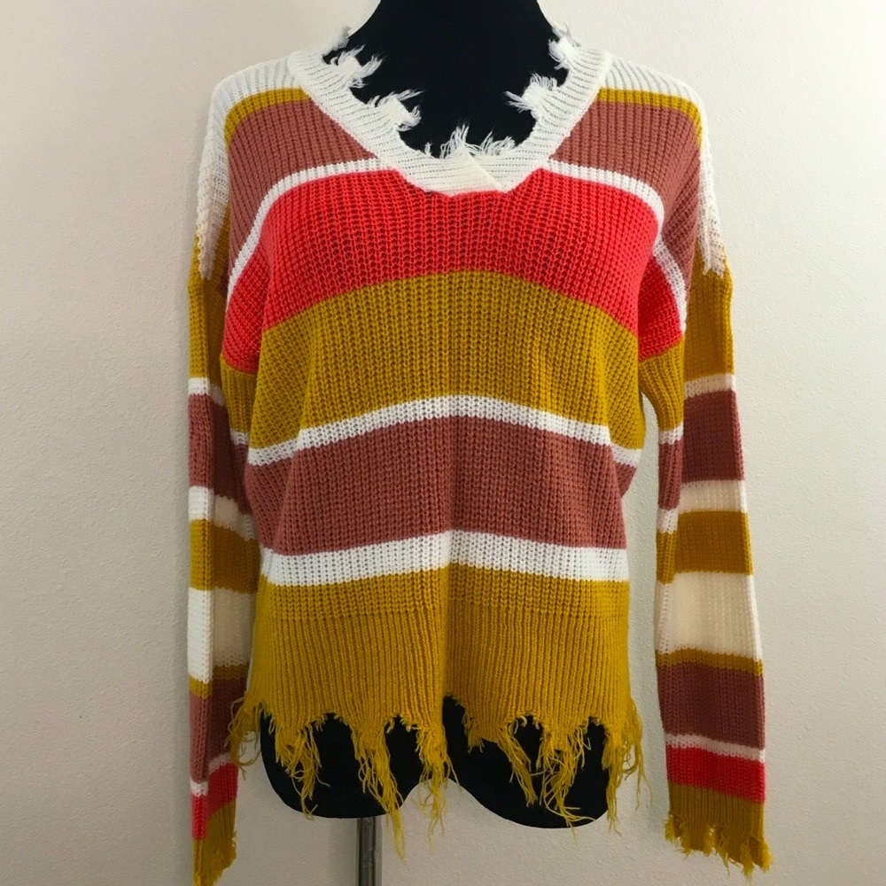 Colorblock V-Neck Distressed Sweater